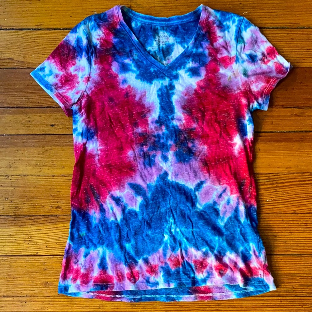 Red, white and blue tie dye T-shirt